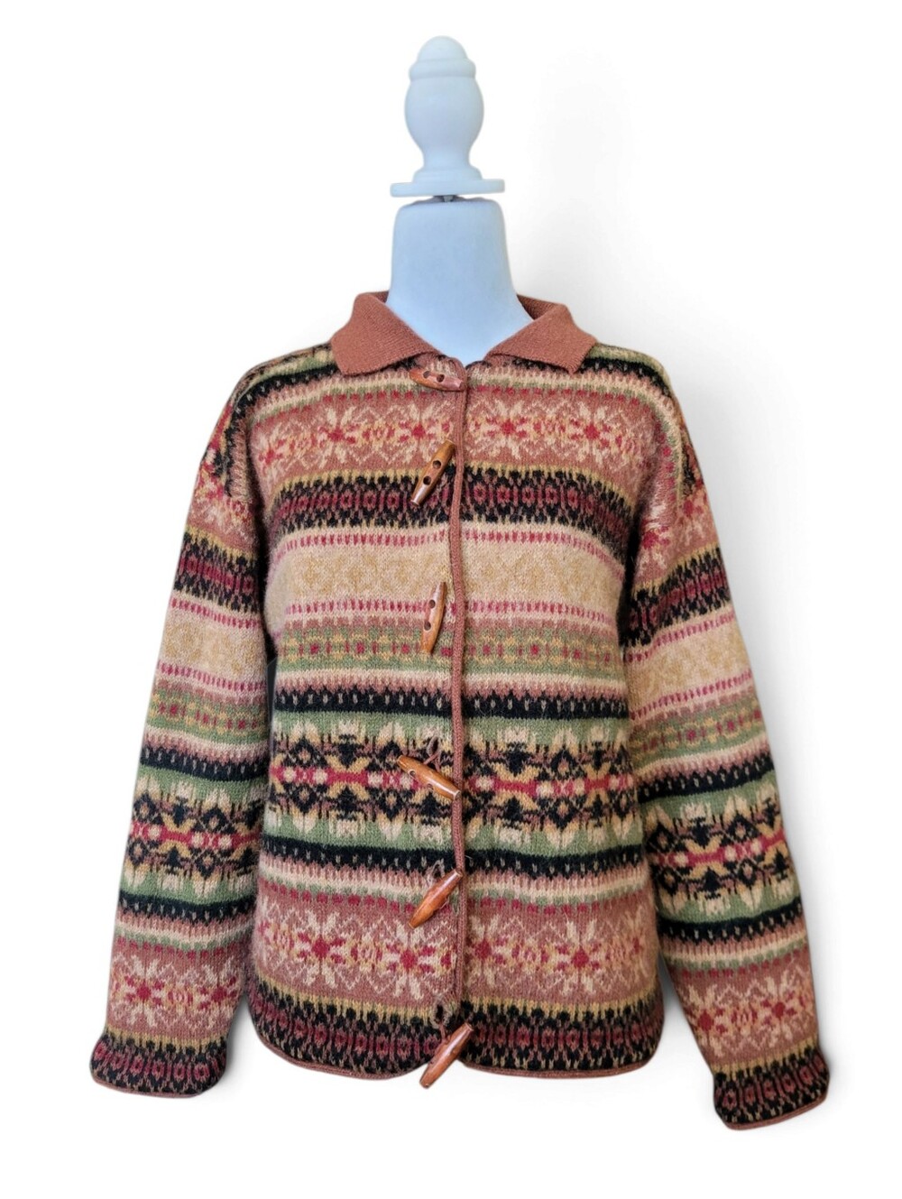 Vintage Shetland Wool Nordic Pattern Toggle Cardigan Cottagecore